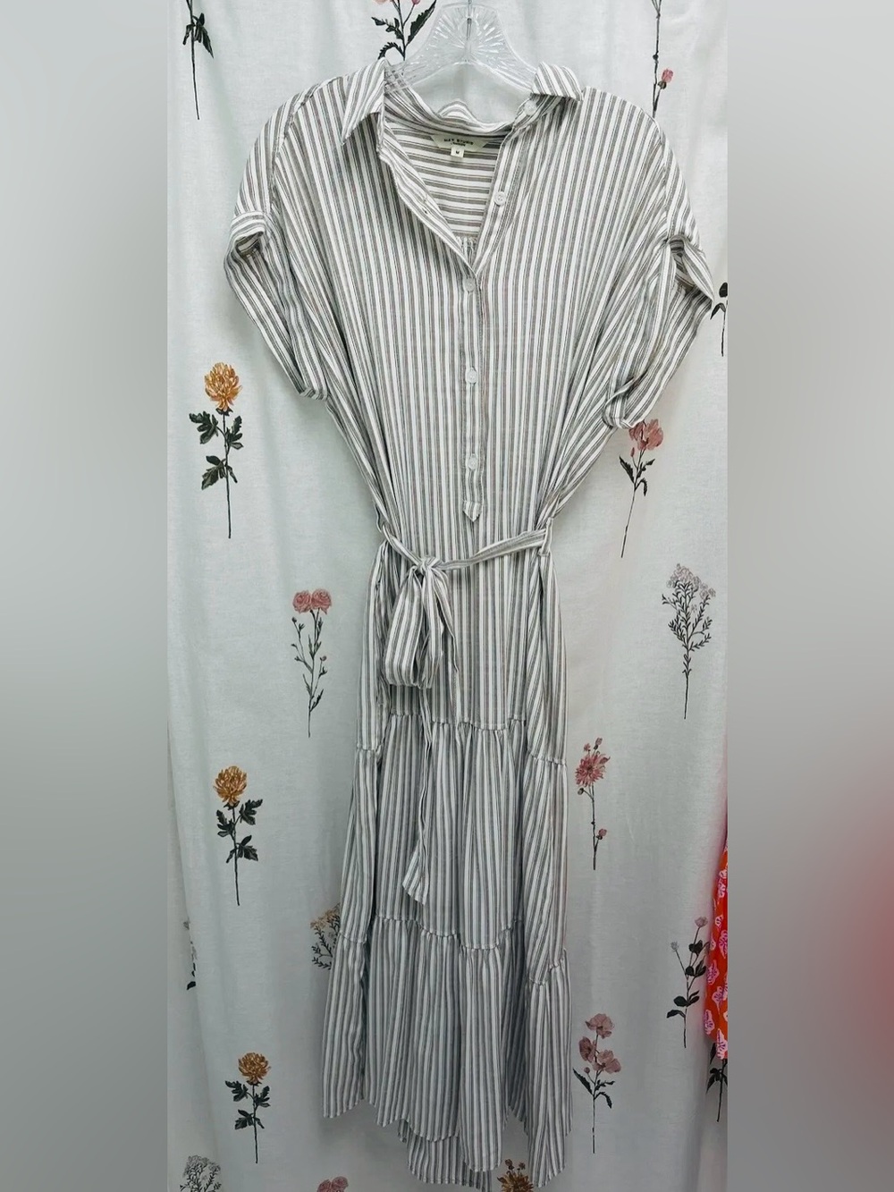 Max Studio Gray taupe and White Striped Button-Front Maxi Dress
